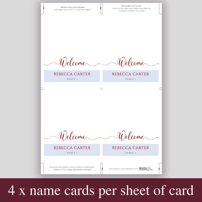 print 4 burgundy place cards per sheet to save paper