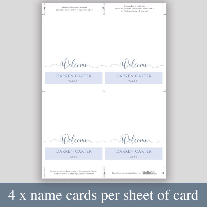 print 4 dusty blue place cards per sheet to save paper