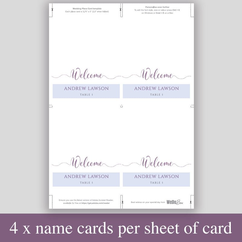 print 4 purple place cards per sheet to save paper