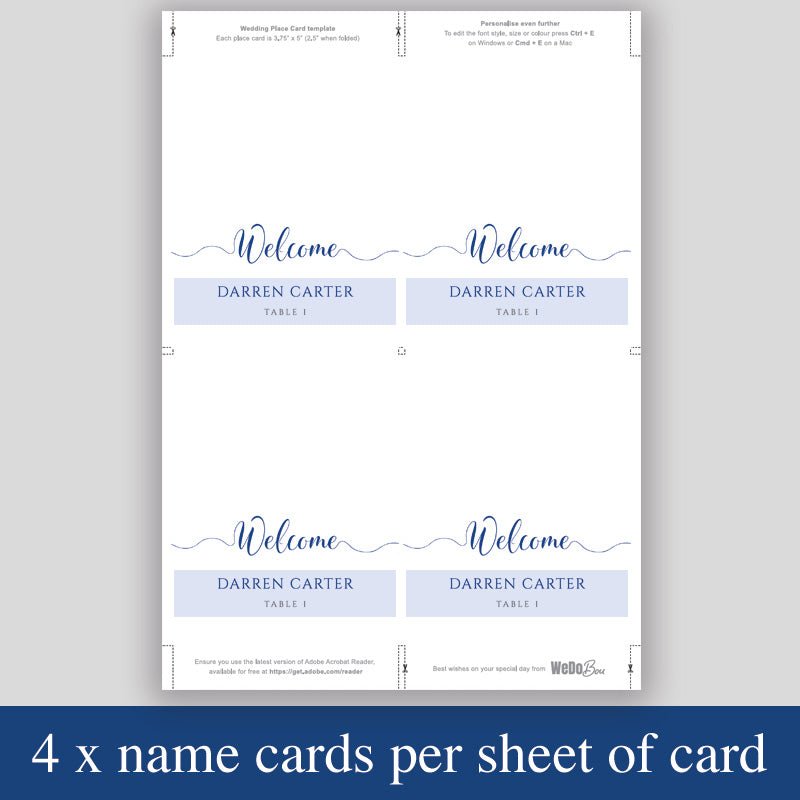print 4 royal blue place cards per sheet to save paper