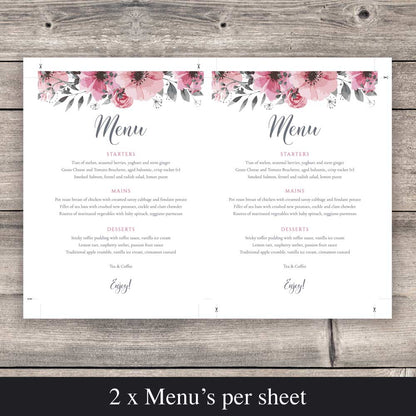 2 menus per sheet ready to pint on rustic wood background