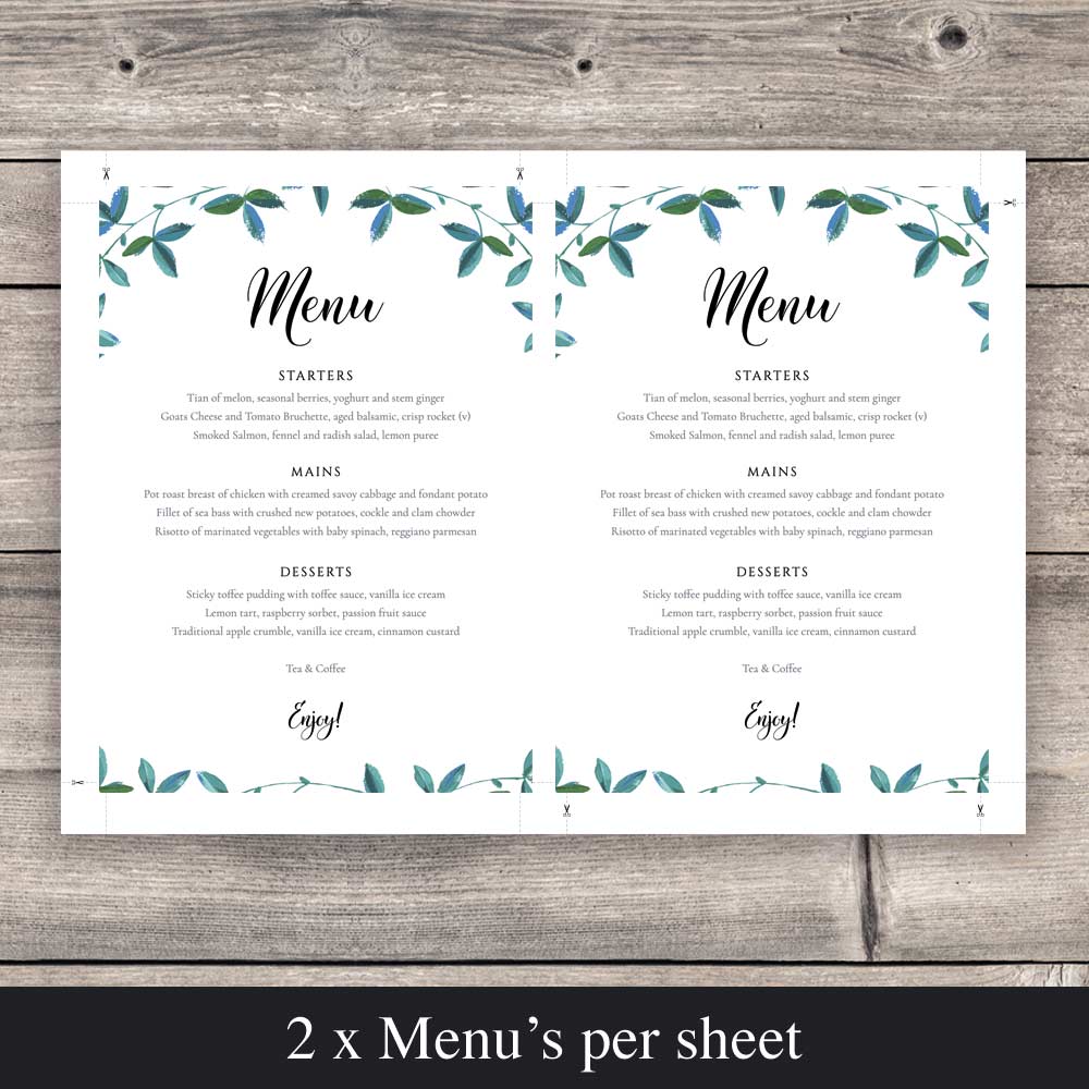 printable boho menu 2 per sheet setup with crop marks