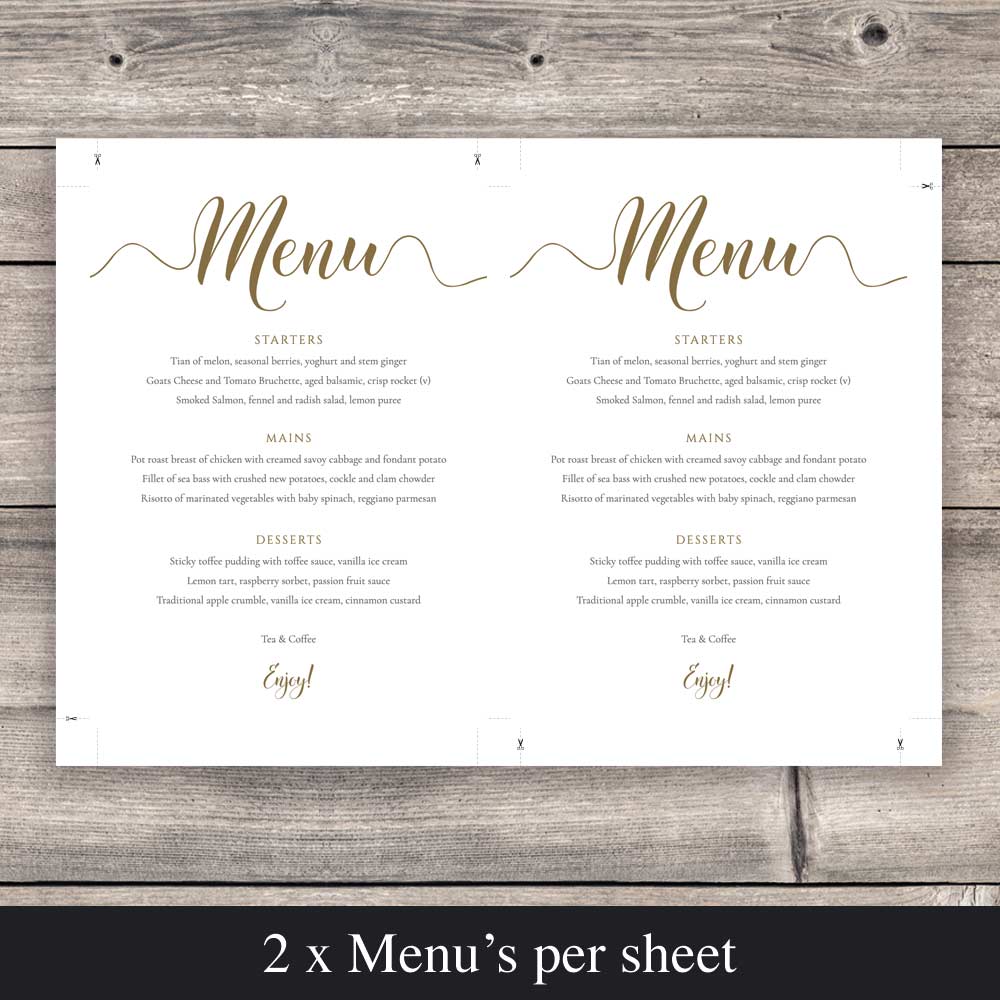 gold wedding menu download print 2 per sheet