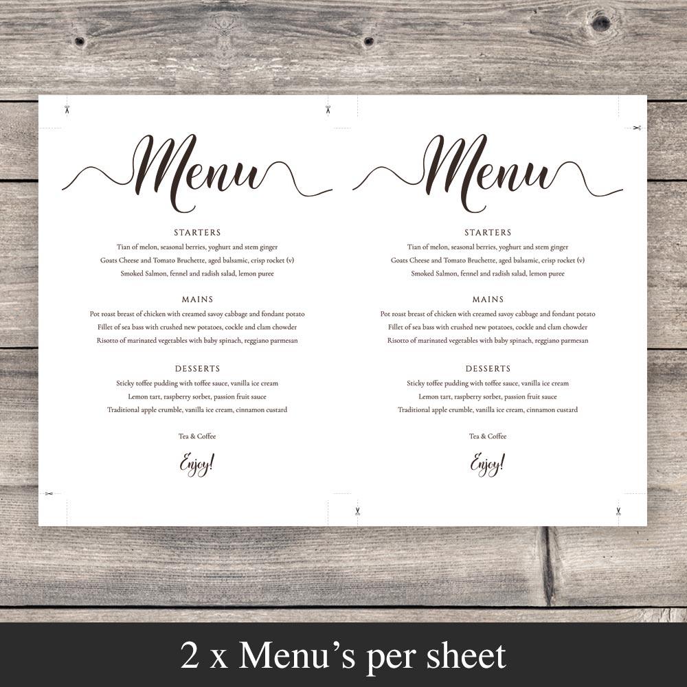 Rustic wedding menu PDF download setup to print 2 menus per page