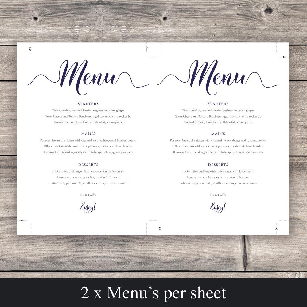 template with two navy menus per sheet ready to print