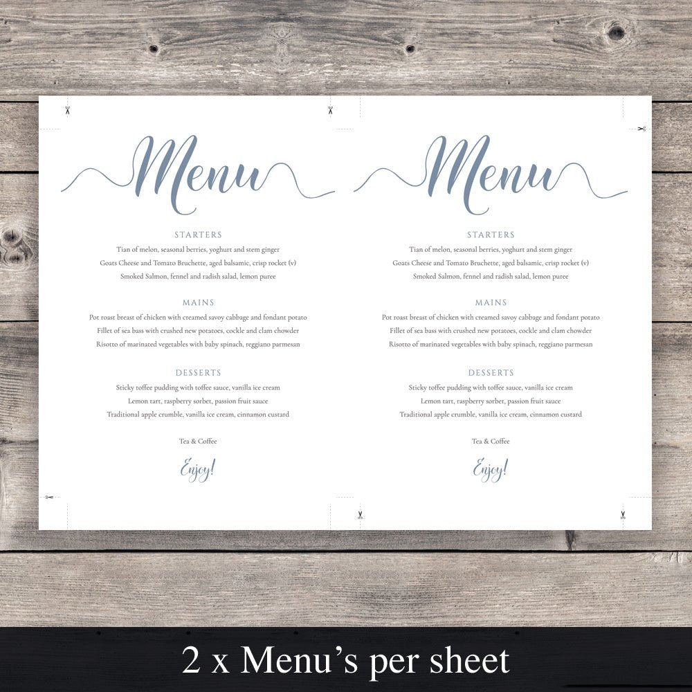 print two dusty blue menu templates per sheet