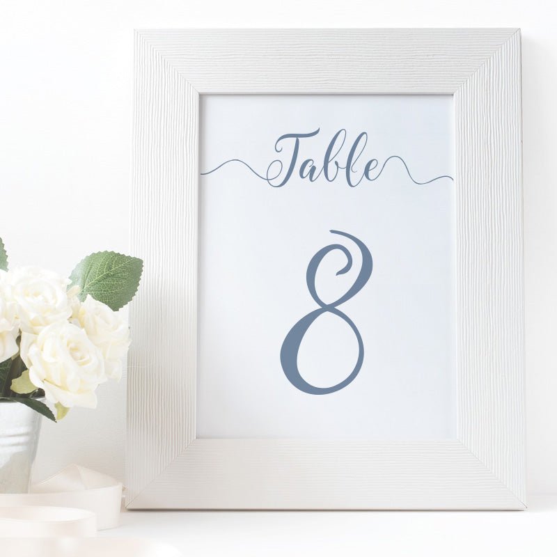 printable dusty blue table number in a white frame