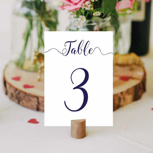 printed navy table number on a wedding table