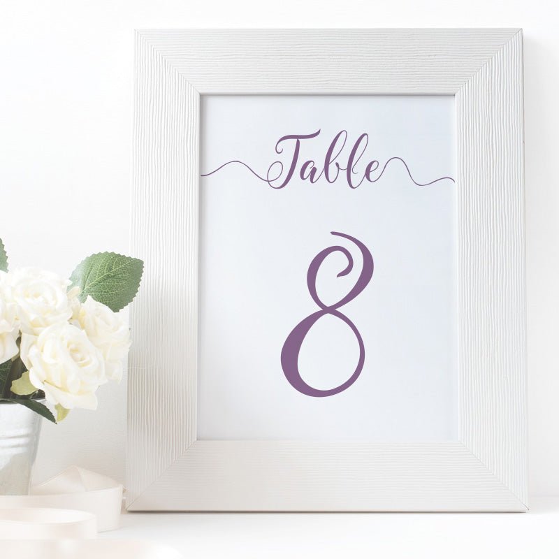 printable purple table number in a white frame