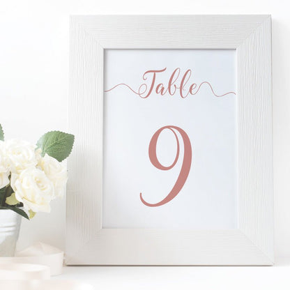 printable rose gold table number in a white frame