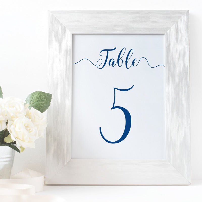 printable sapphire blue table number in a white frame