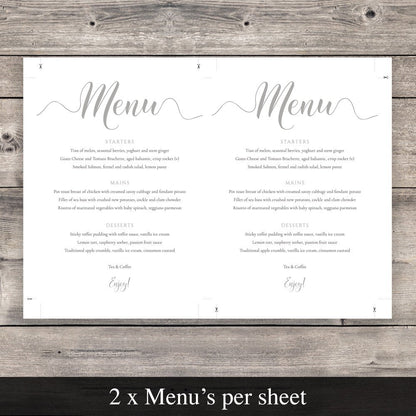 printable silver menu template 2 per sheet