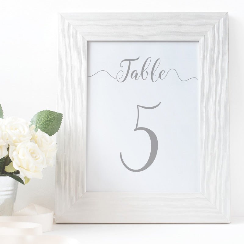 printable silver table number in a white frame