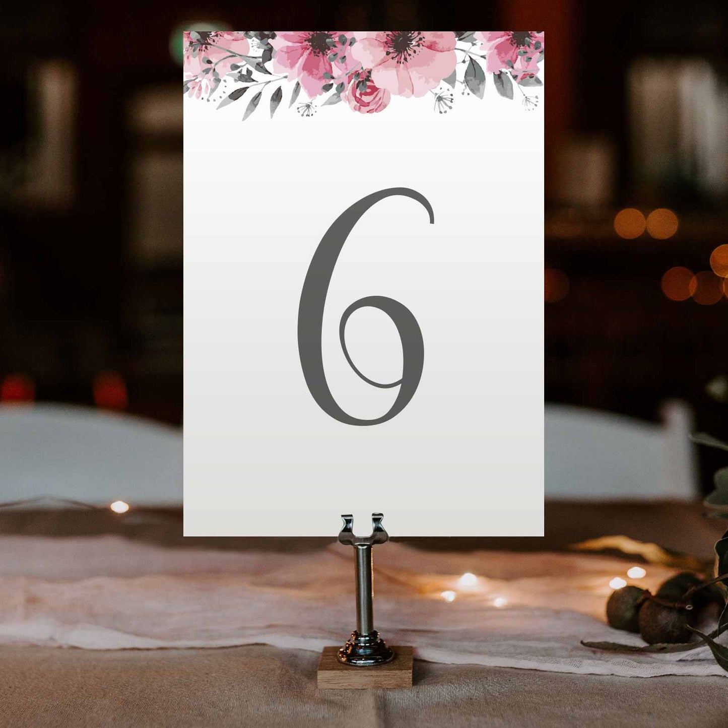 printable wedding table numbers with a blossom border and steel stand