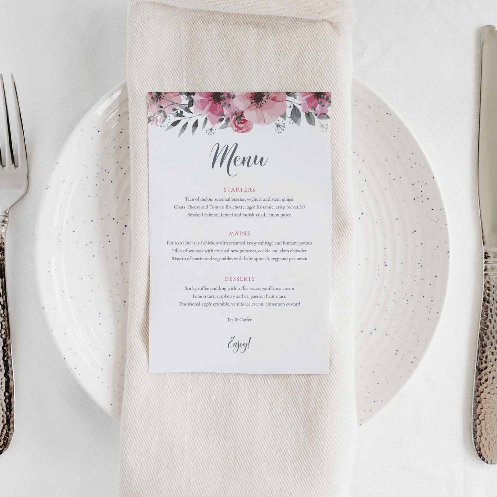 Wedding menu print on a wedding table place setting