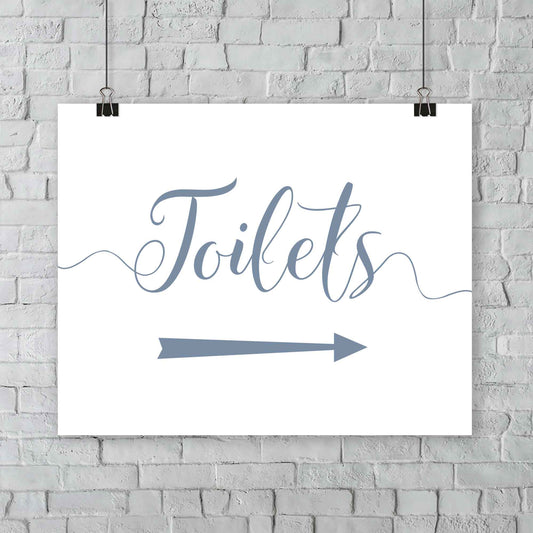 printed misty blue wedding toilets arrow signage on a wall