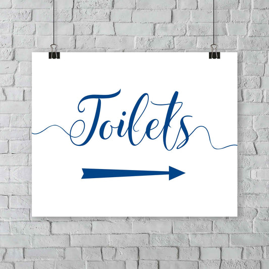 printed sapphire blue wedding toilets arrow signage on a wall