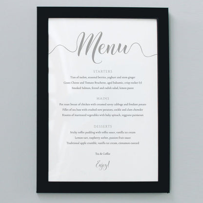 printed silver wedding menu framed