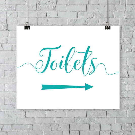 printed turquoise wedding toilets arrow signage on a wall