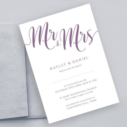 purple wedding invitation set with envelope