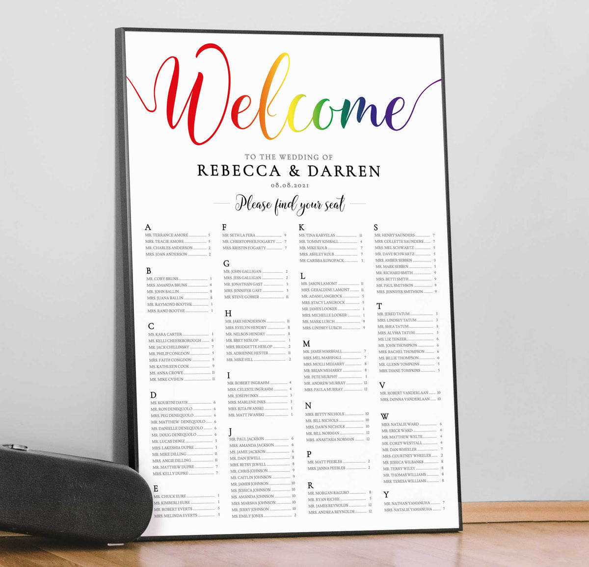 rainbow wedding seating chart framed print