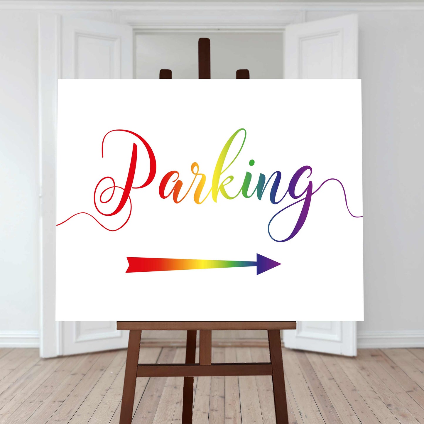 Printable rainbow parking arrow sign at a lesbian wedding