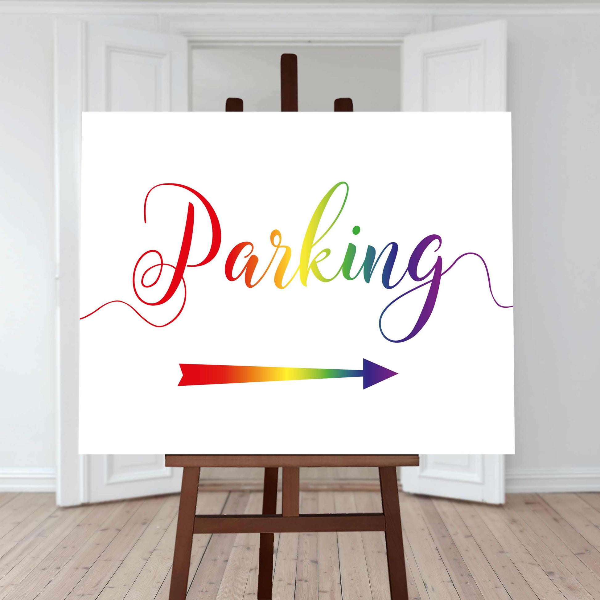 Printable rainbow parking arrow sign at a lesbian wedding