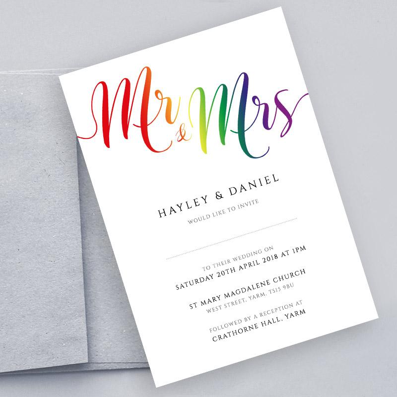mr and mrs rainbow wedding invitation and envelope