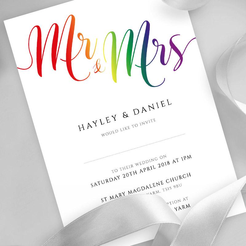 5x7 rainbow wedding invitation with ribbons