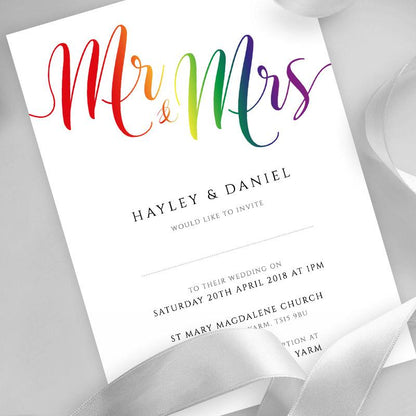 5x7 rainbow wedding invitation with ribbons