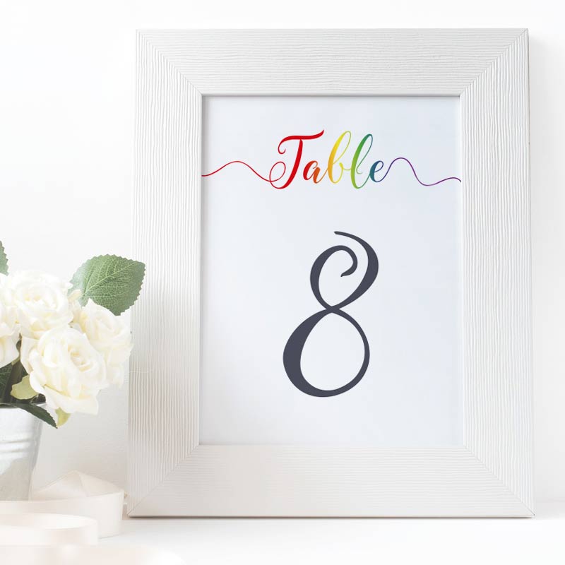 wedding table number in rainbow colours in a white picture frame