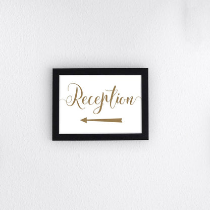 gold wedding reception sign with directional arrow