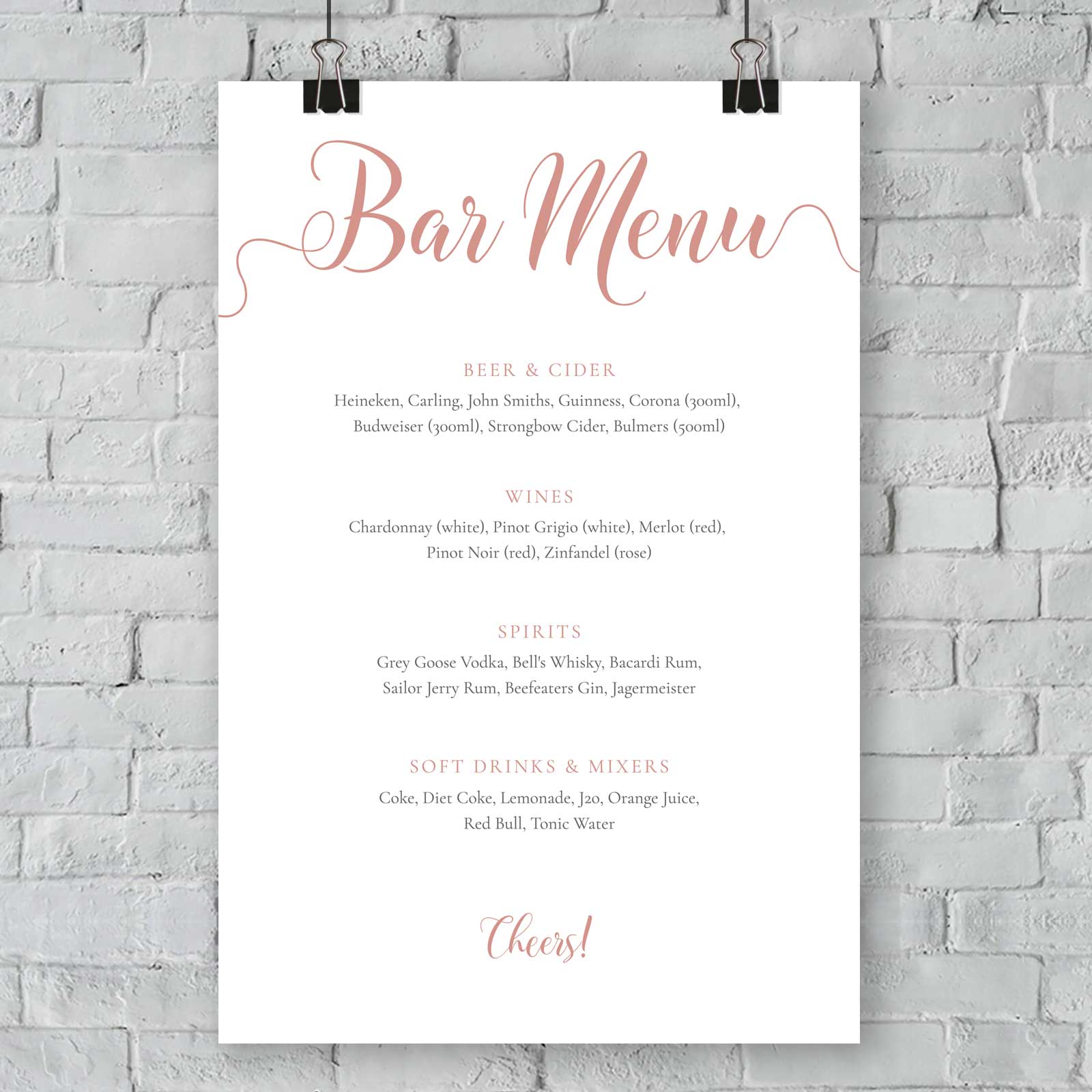 rose gold bar menu template printed on card mounted on a wall