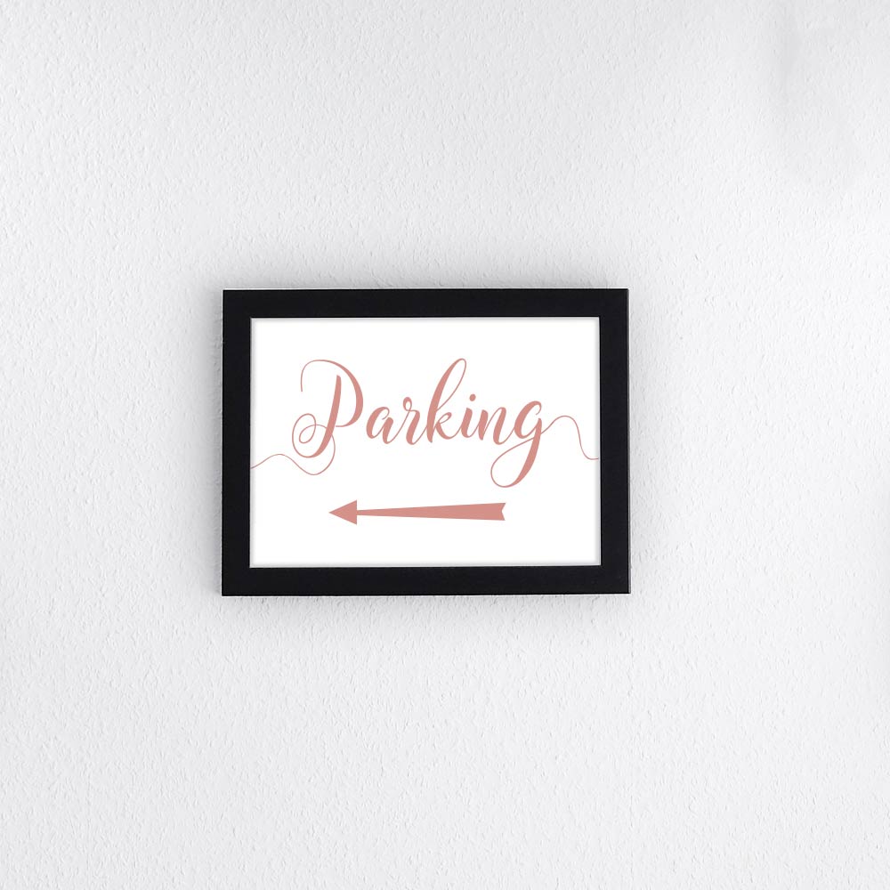 rose gold directional parking sign with arrow pointing left