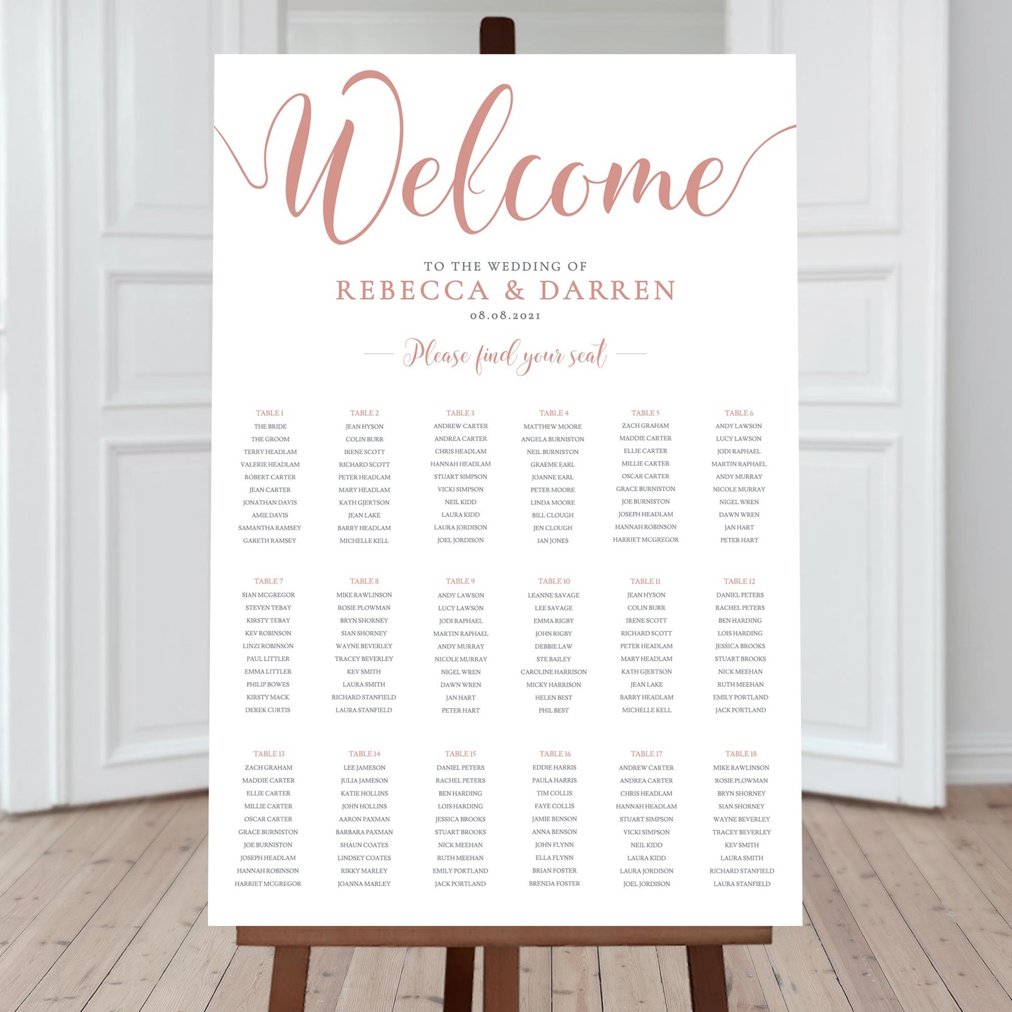 rose gold find your seat sign with 18 tables