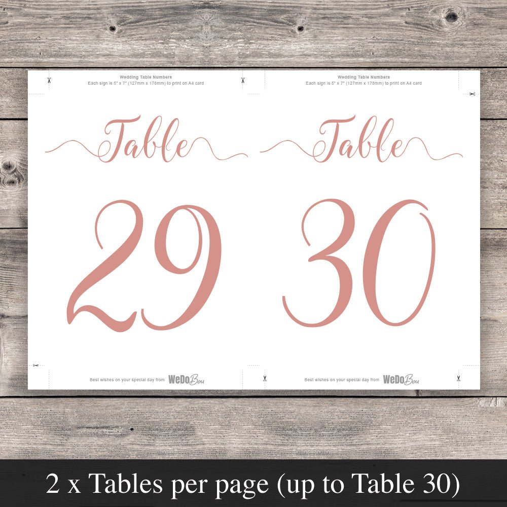 rose gold table numbers template set up to print 2 per page