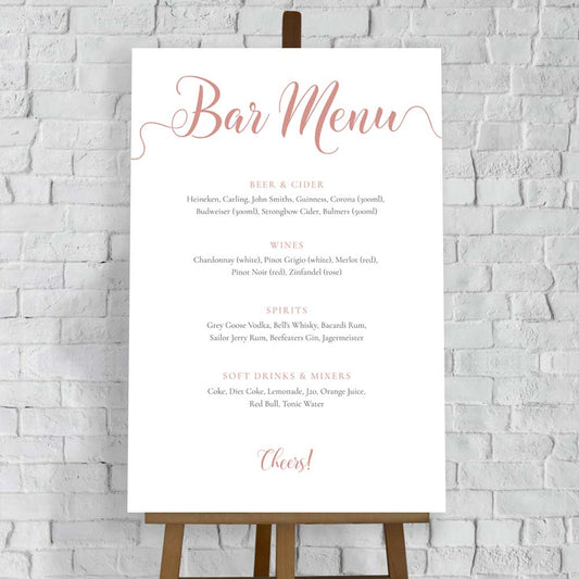 rose gold wedding bar menu printed on white foam board