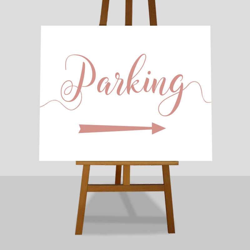 rose gold wedding parking arrow sign on an easel