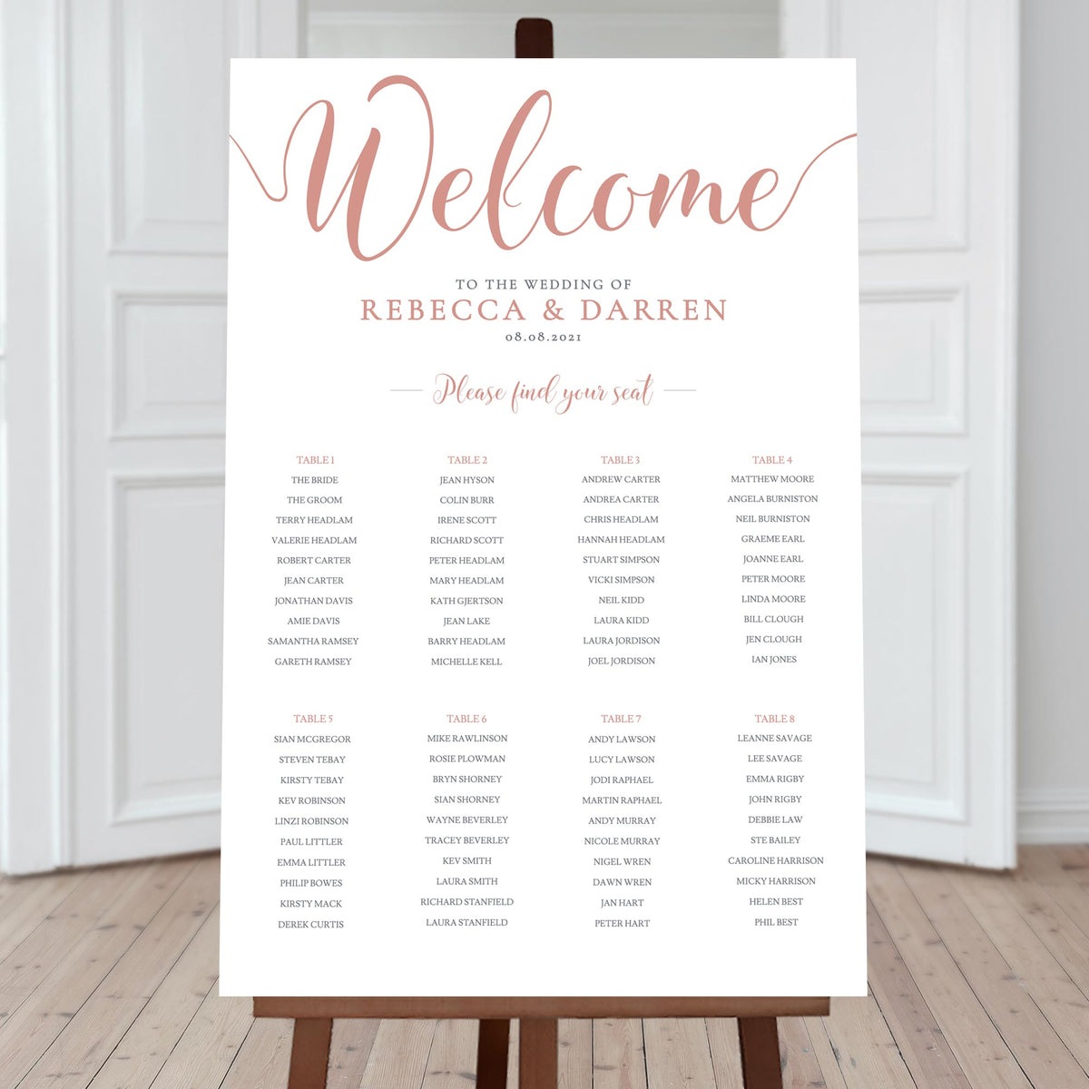 rose gold wedding seating chart template with 8 tables