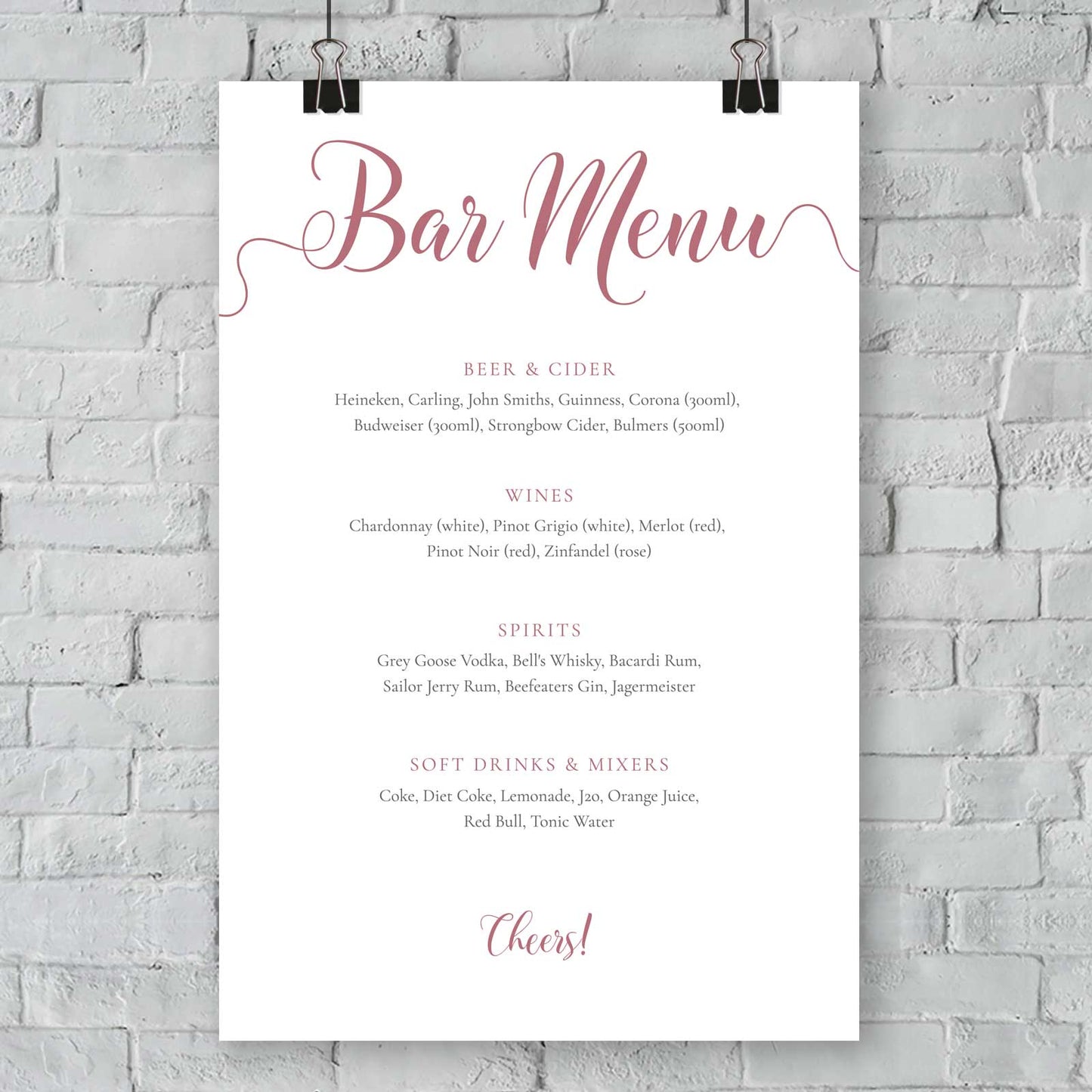 rouge pink bar menu template printed on card mounted on a wall