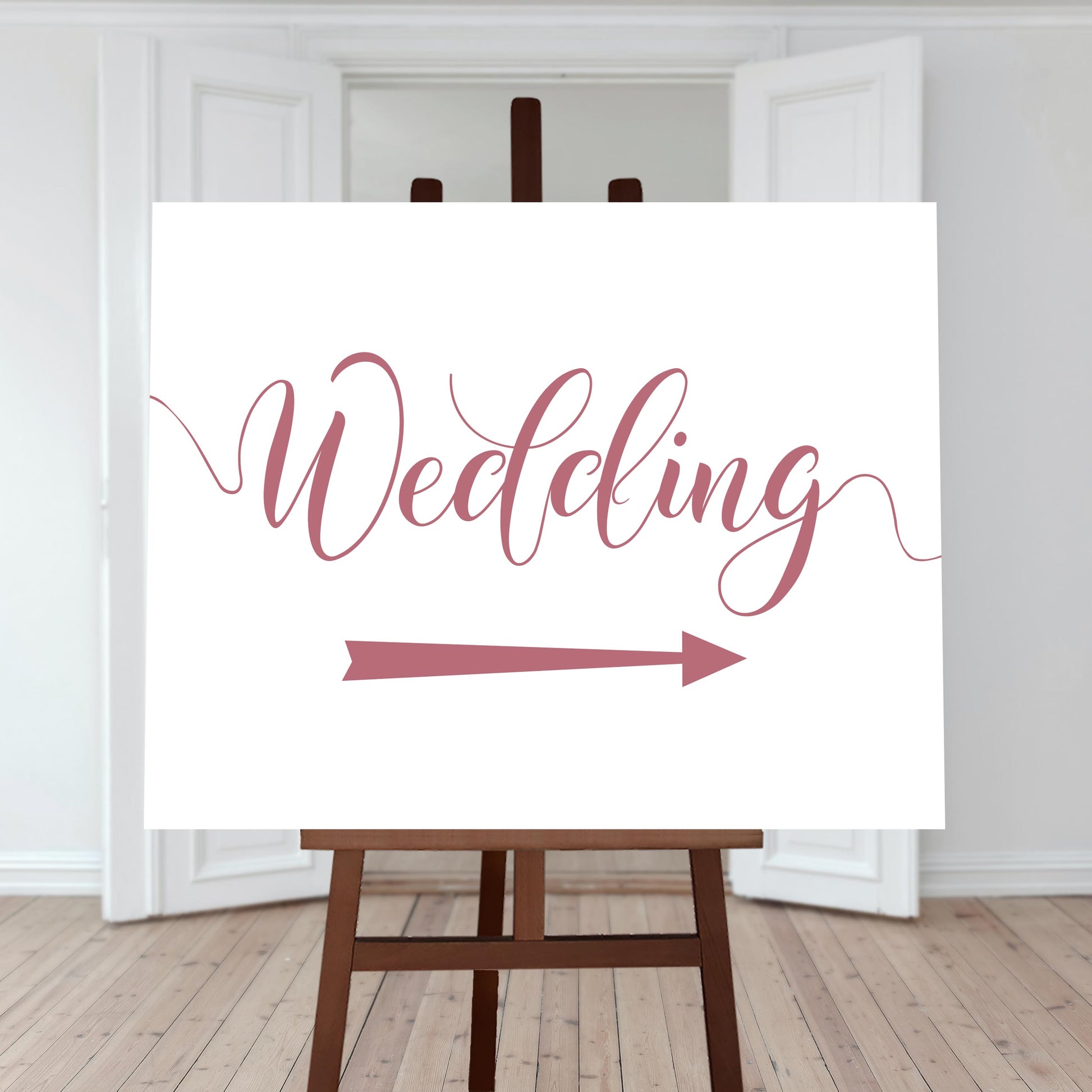 rouge pink wedding directions sign with a right arrow