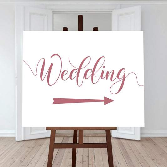 rouge pink wedding directions sign with a right arrow