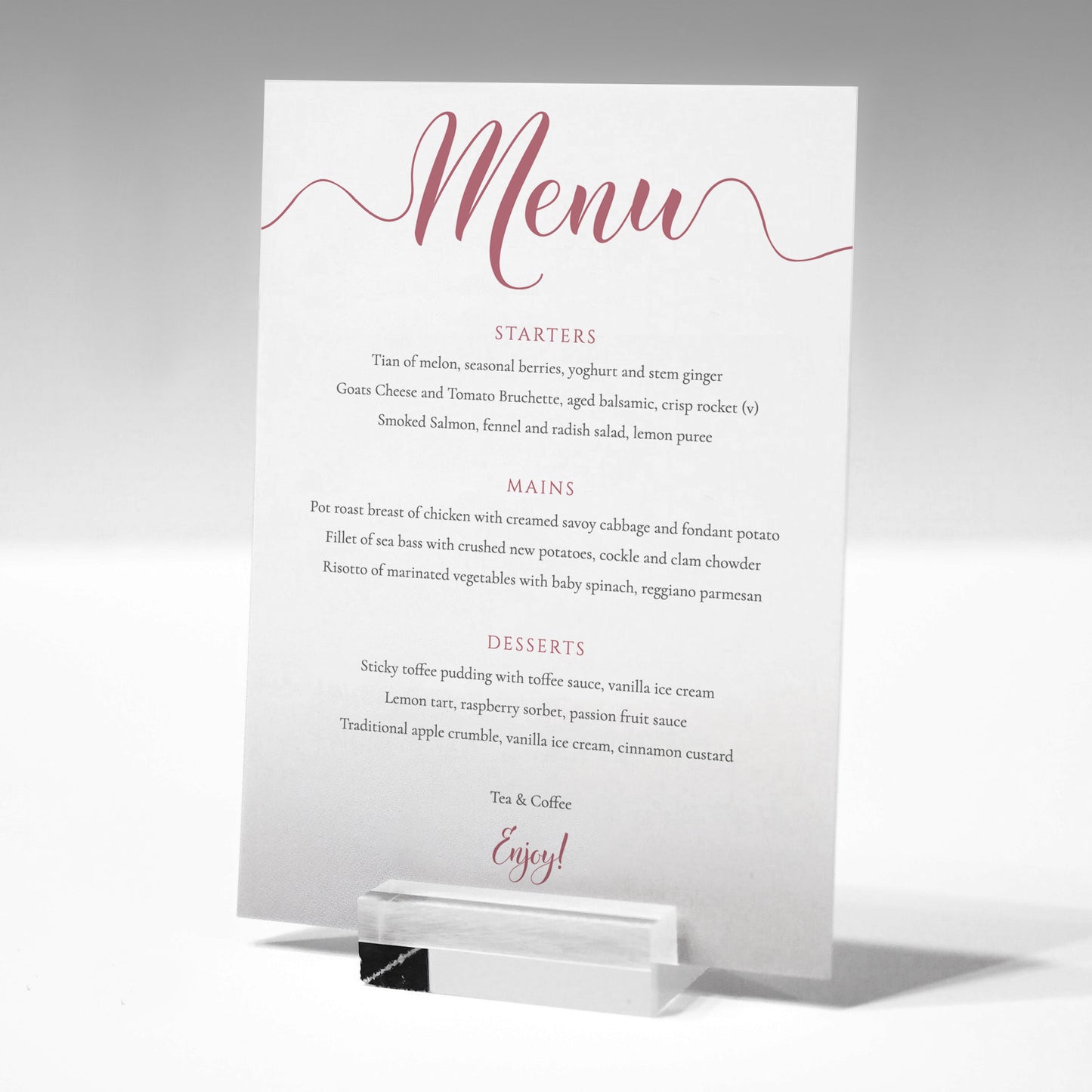 rouge wedding menu card in a glass stand