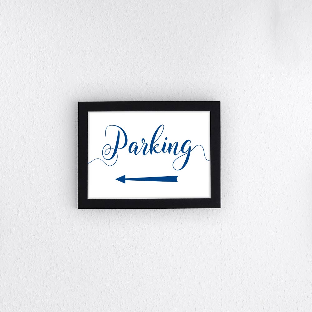 royal blue directional parking sign with arrow pointing left