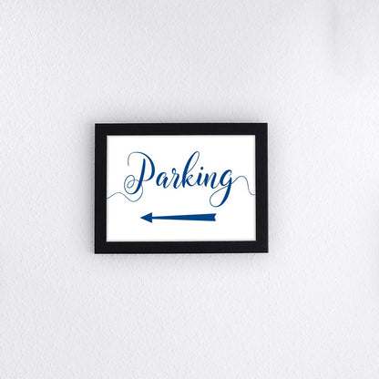 royal blue directional parking sign with arrow pointing left