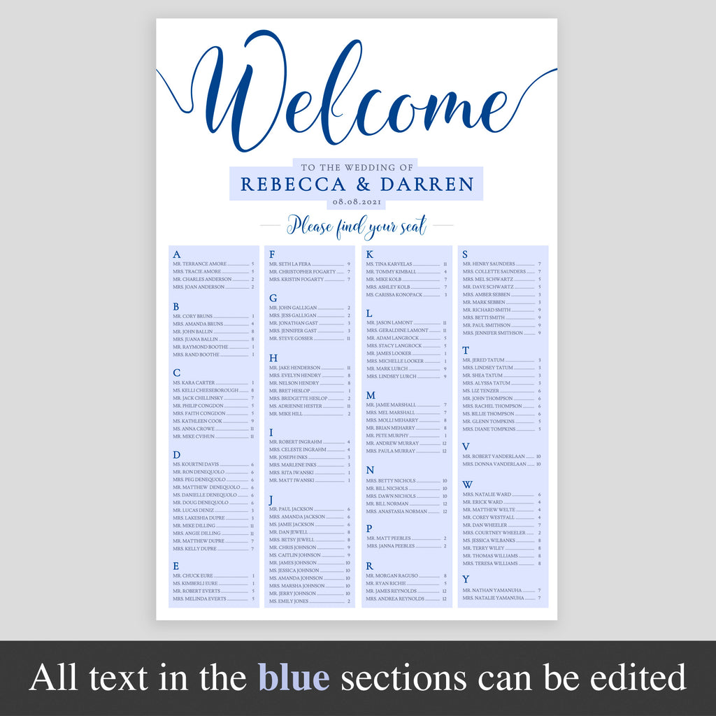 royal blue seating plan template highlighting editable areas