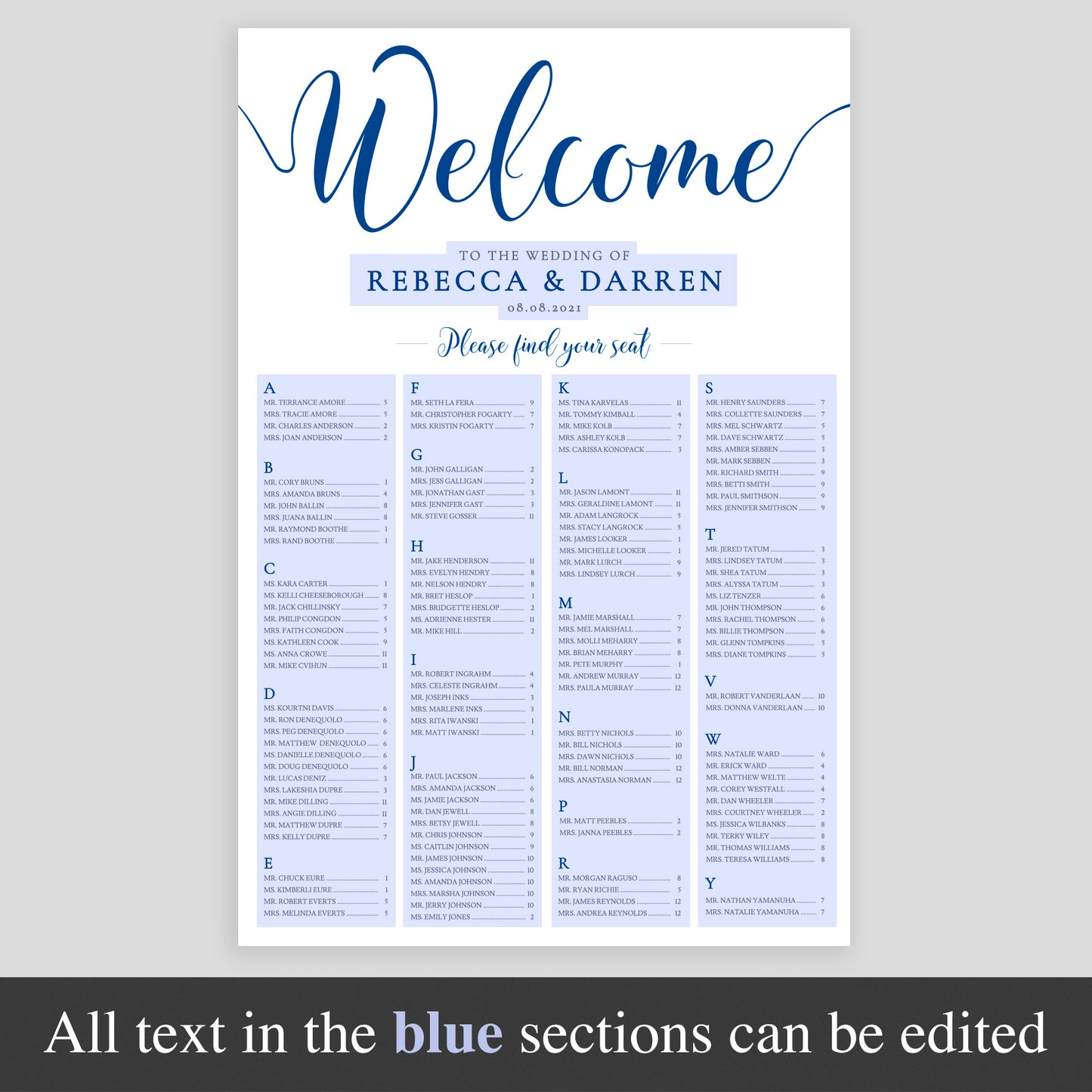 royal blue seating plan template highlighting editable areas