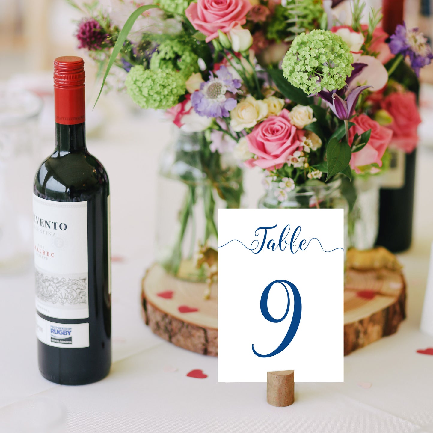 royal blue table number on a wedding reception table