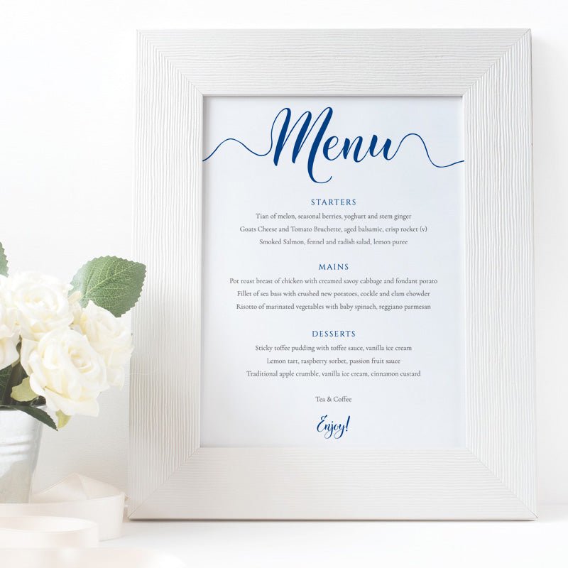 royal blue wedding menu in a white frame