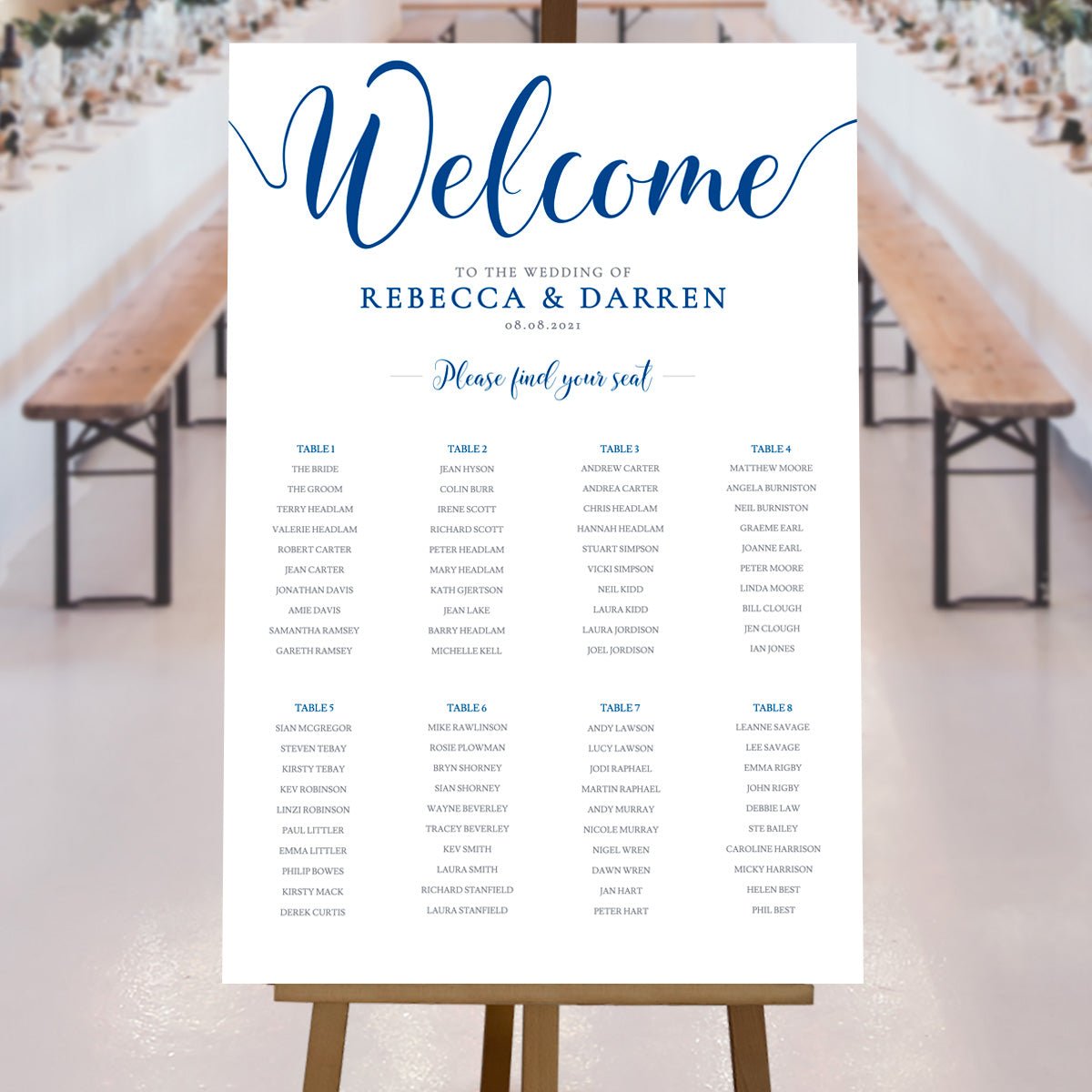 royal blue wedding seating chart at a nautical wedding reception